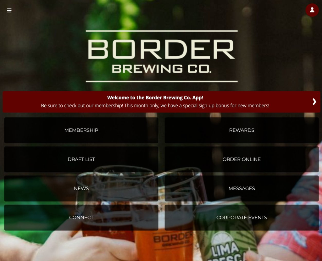Border Brewing Company mobile app home screen