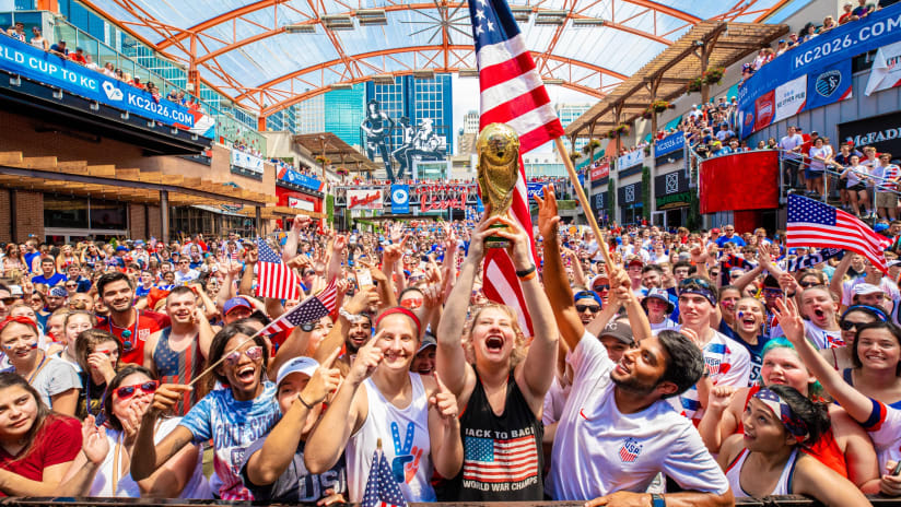 Kansas City soccer fans celebrating the FIFA 2026 World Cup downtown