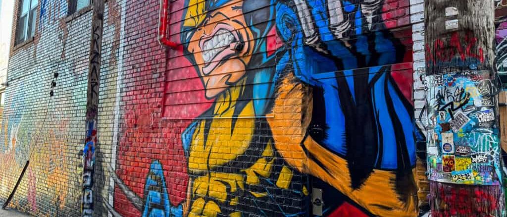 Wolverine mural in an alley in the Crossroads Arts District