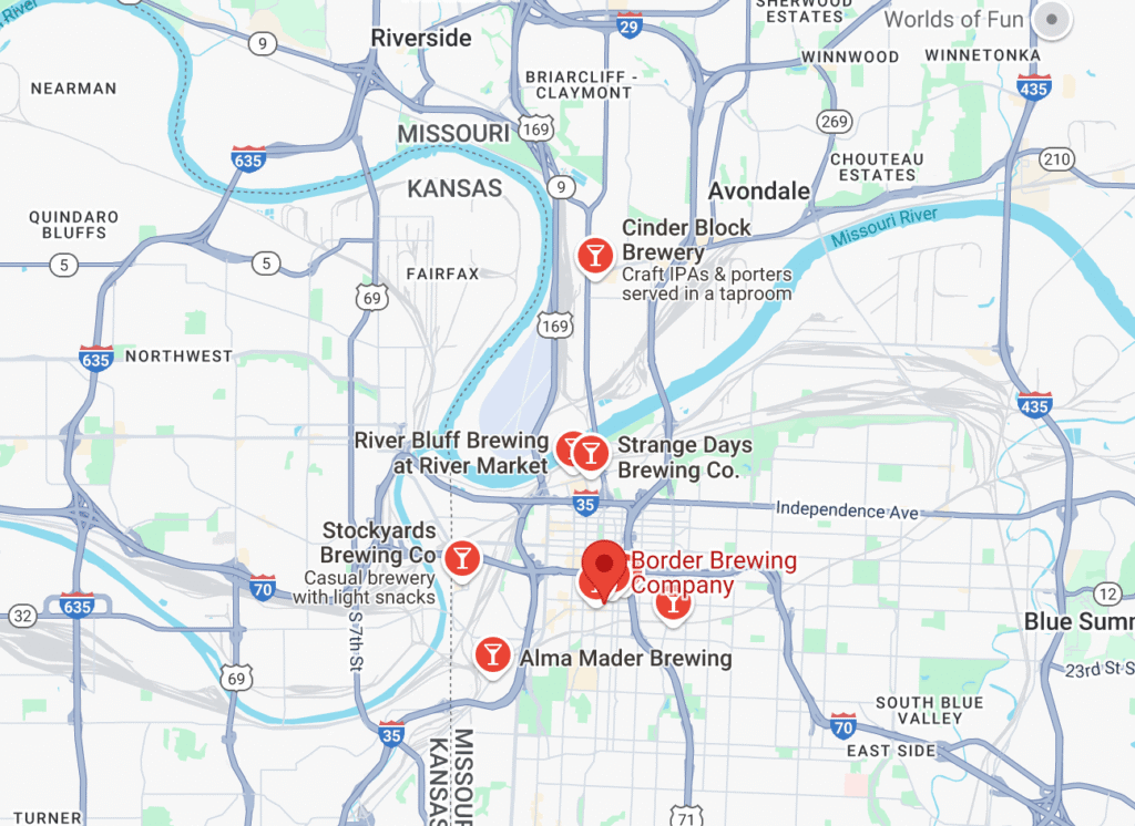 A map of Kansas City with all of the breweries highlighted