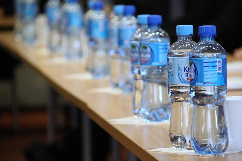 Bottled drinking water on a conveyor belt